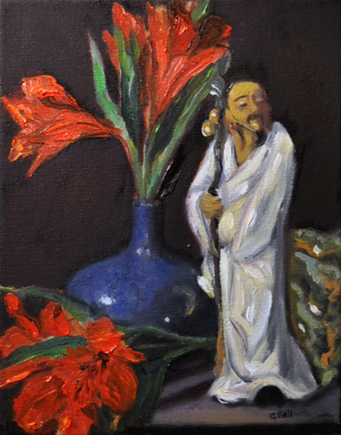 Oriental man with cane and red flowers